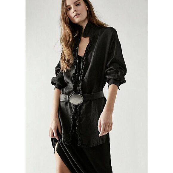 Cp Shades Solid Ruffled Linen Blouse Oversized Button Front Vintage Grey - Picture 1 of 7